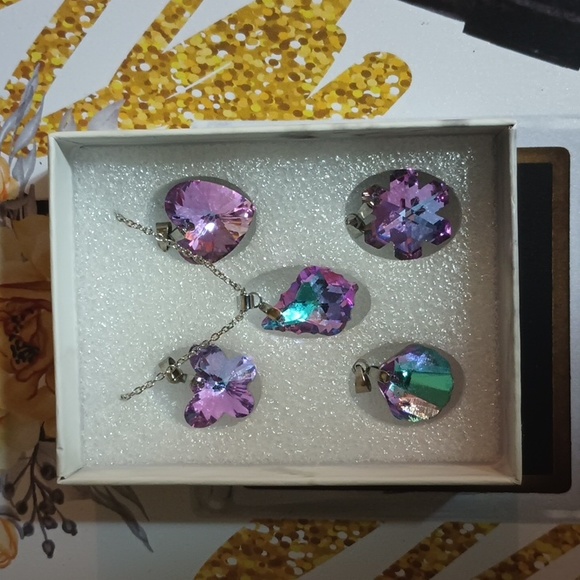 Pink Austrian Crystal Butterfly Star Shaped Pendants Necklace Set silver - Picture 10 of 15